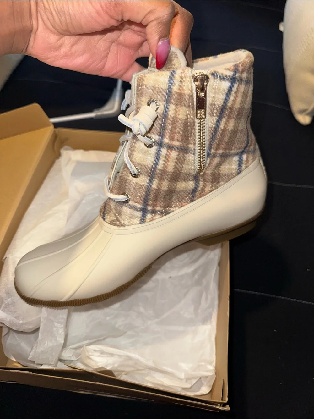 Sperry Cream Duck Boot with Plaid Collar